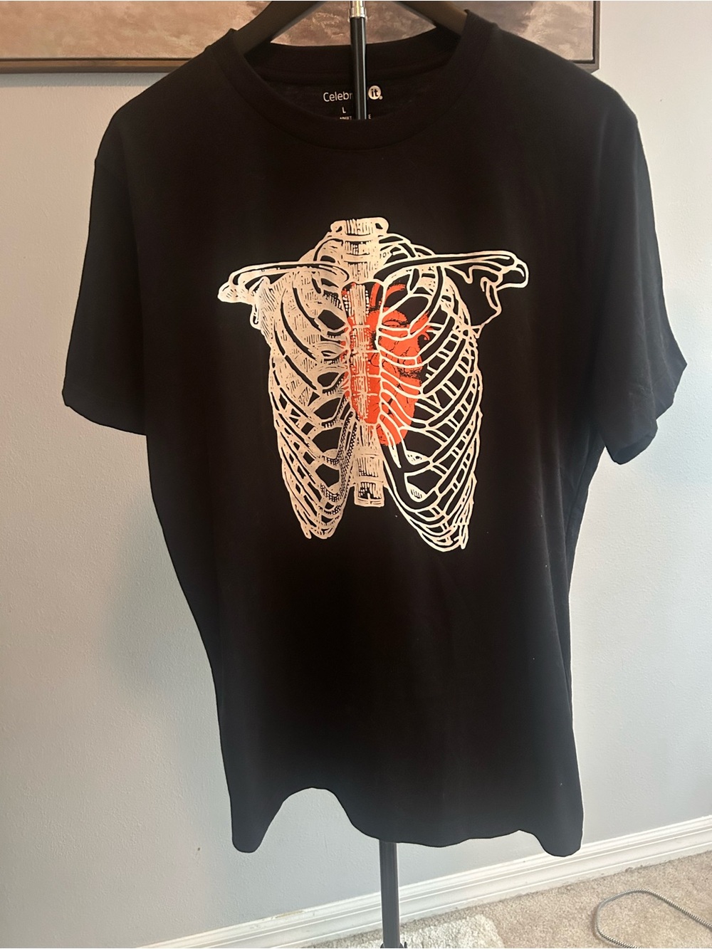 Halloween Black Graphic Ribcage T-Shirt with Orange Heart Accent